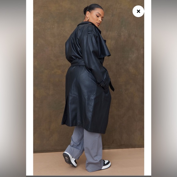 Plus Black Faux Leather Statement Buckle Trench Coat - Picture 1 of 10